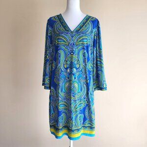 Laundry by Shelli Segal Knit Long Sleeved Blue Paisley Shift Dress Size L